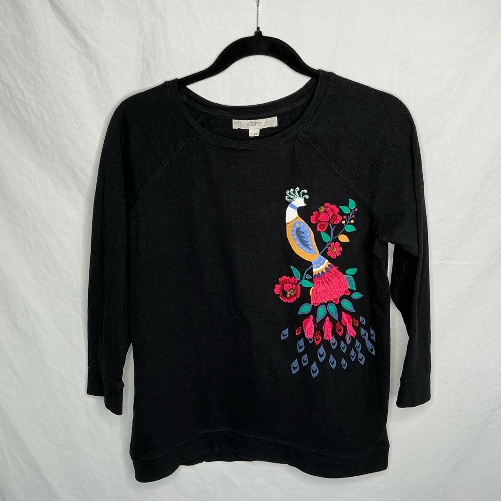 LOFT Black Sweatshirt Women’s Sz Small Beaded Bird Tassel Art Novelty Whimsical